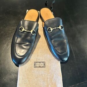 Gucci Midnight Leather Mules with Gold Accents